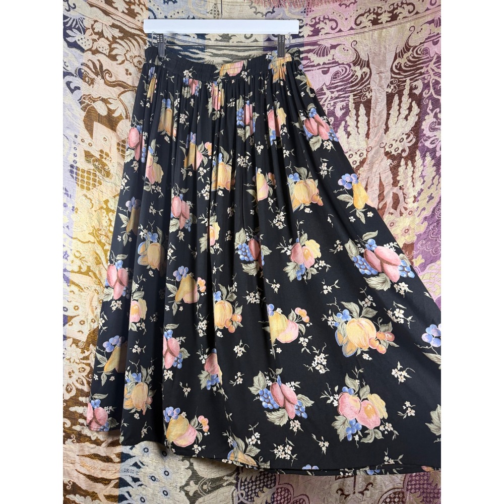 VTG Clio Black Fruit Print Whimsigoth Cottagecore Maxi Skirt Size L